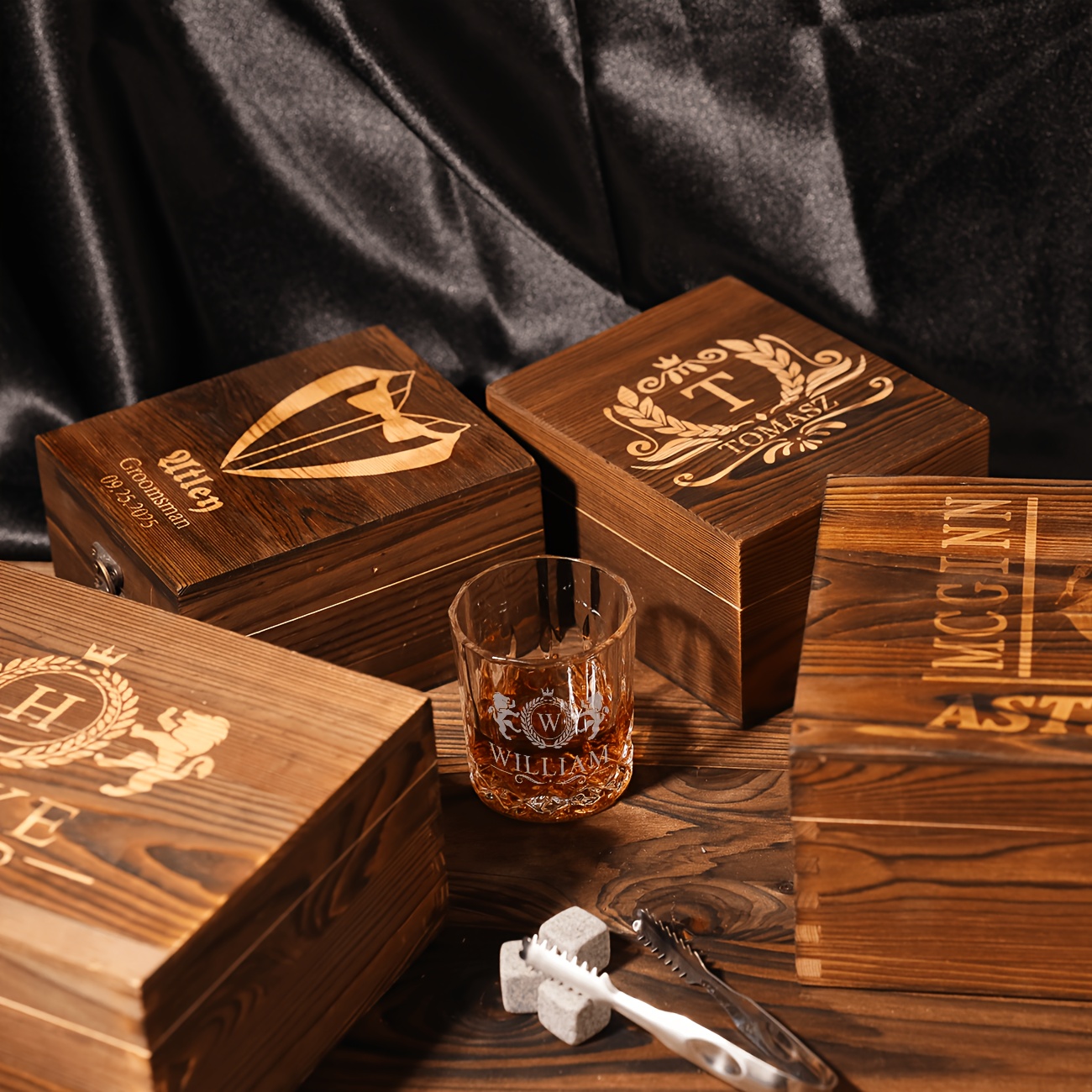 Personalized Whiskey Glass Set with Wooden Box, Great Gift